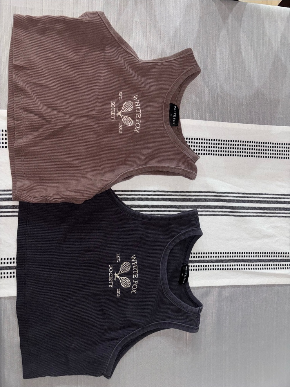 White Fox Waffle Knit Tank with Tennis Embroidery x2 - Charcoal and brown